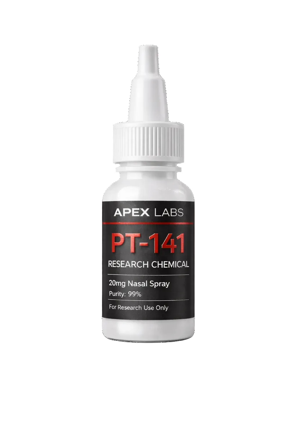 Bottle of Apex Labs PT-141 research chemical nasal spray on a white background