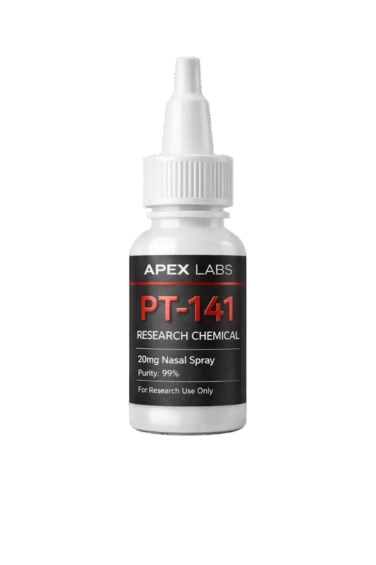 Bottle of Apex Labs PT-141 research chemical nasal spray on a white background